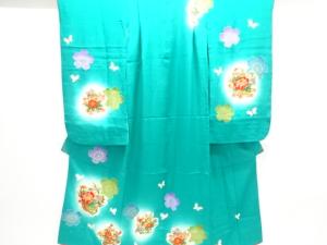 アンティーク　花に蝶模様着物（重ね衿付き）